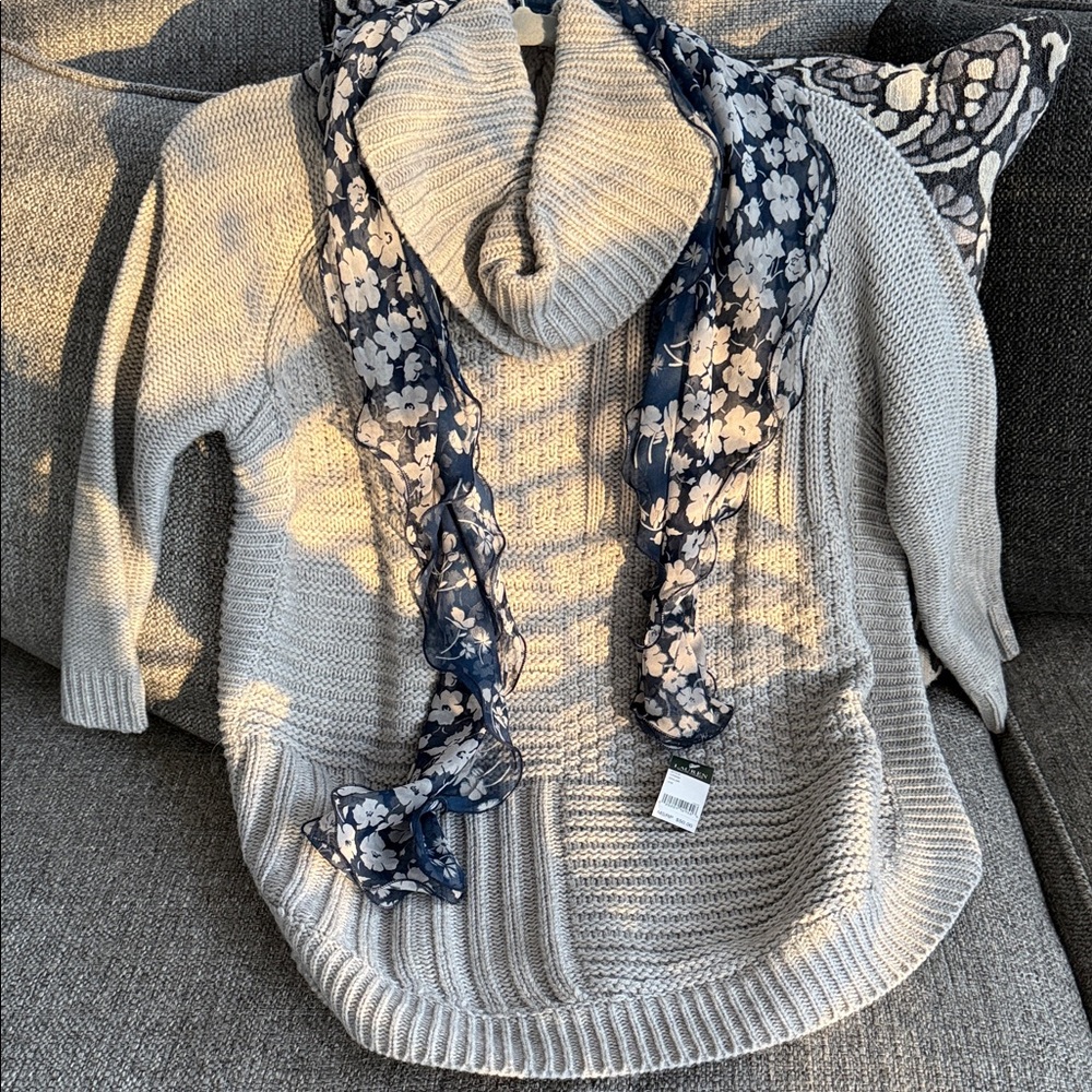 Gray Knit Sweater with Ralph Lauren Navy Floral Scarf  (Sweater Sz. Petite XL)